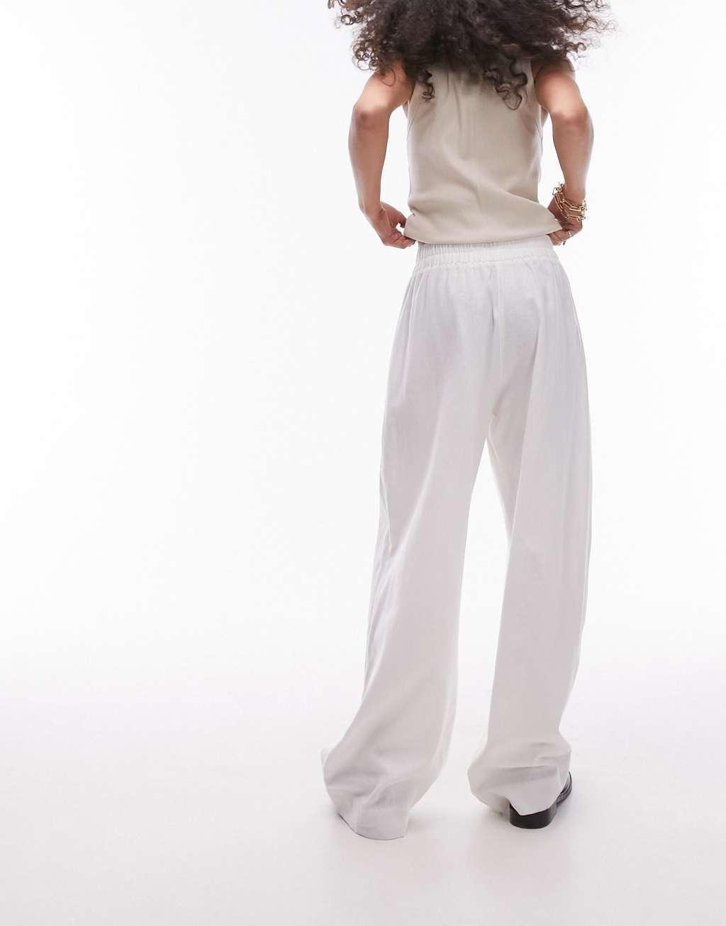 Topshop linen high waist pull on straight leg pants in white Product Image