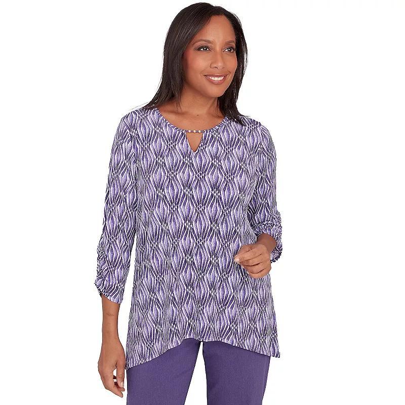 Petite Alfred Dunner Allover Diamond Print V-Neck Top, Womens Purple Product Image