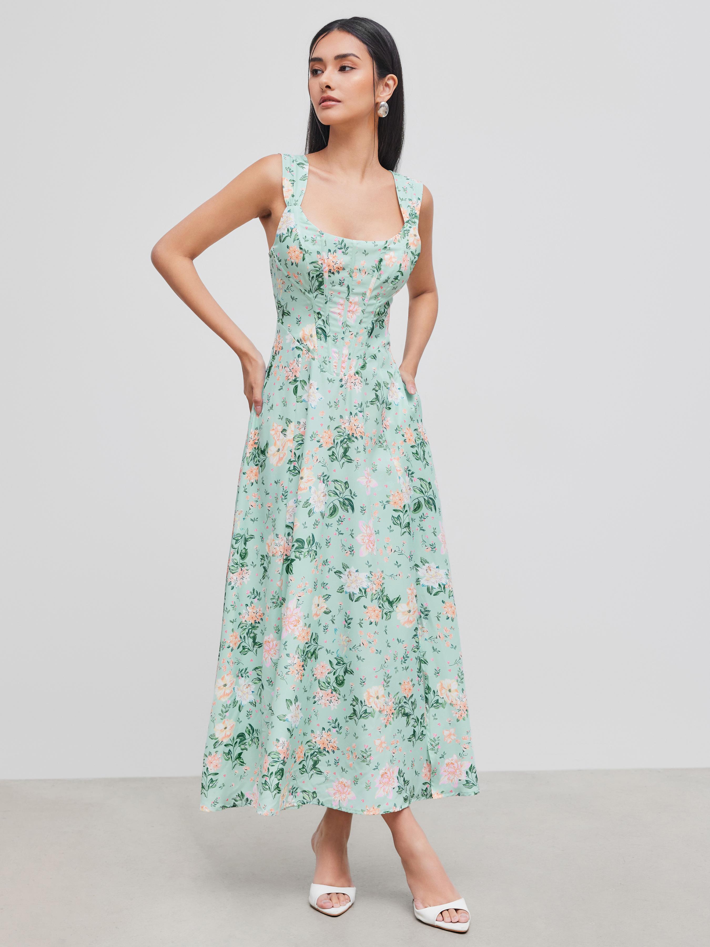 Square Neck Floral Lace Up Maxi Dress Product Image