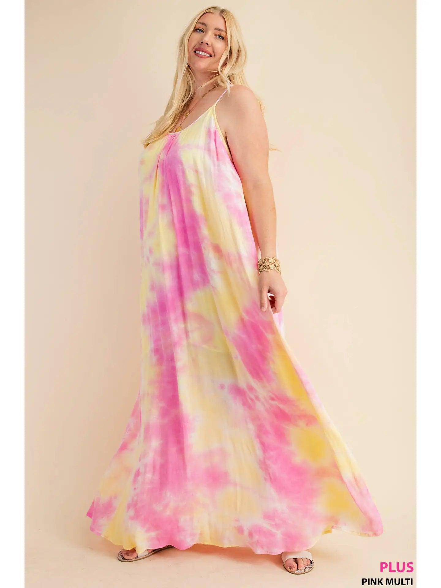 Pink and Yellow Soft Tie-Dye Fabrication Strappy Maxi Dress Product Image