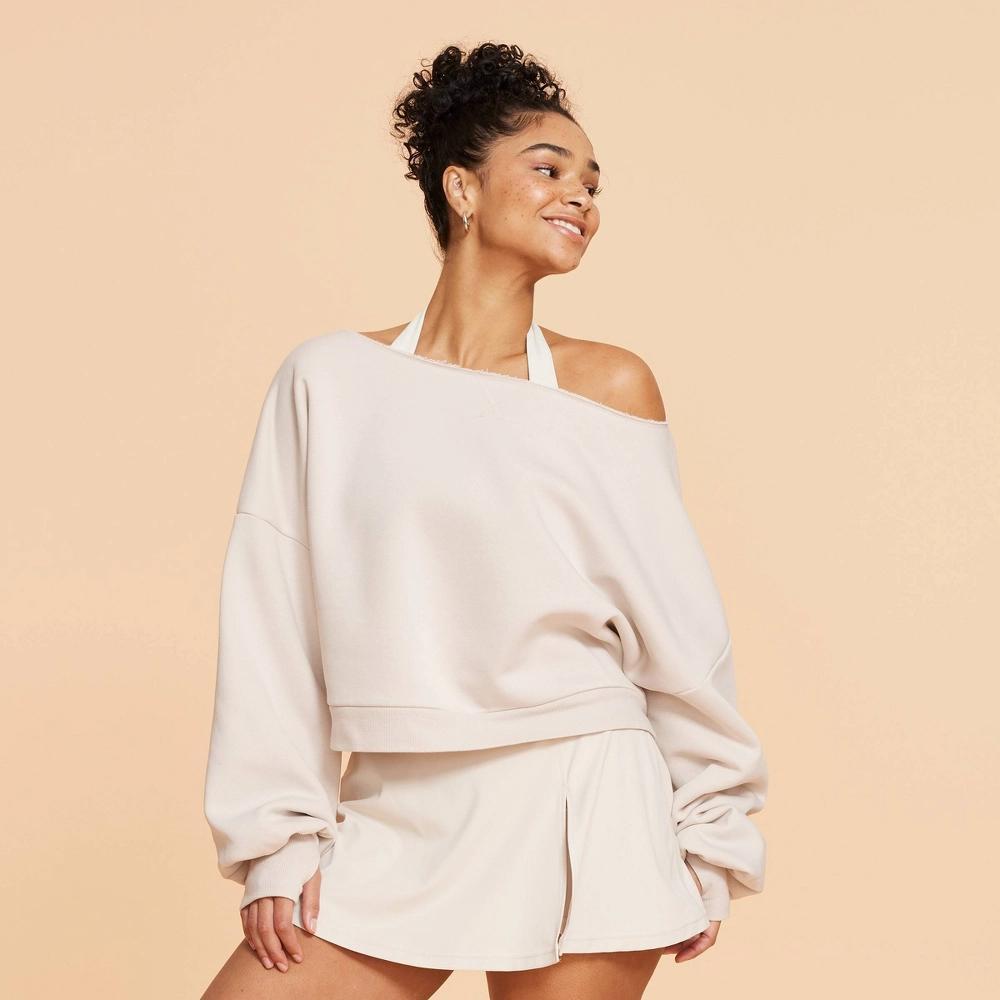 Blogilates Women's Dance Studio Off the Shoulder Sweatshirt - Light Taupe XL Product Image