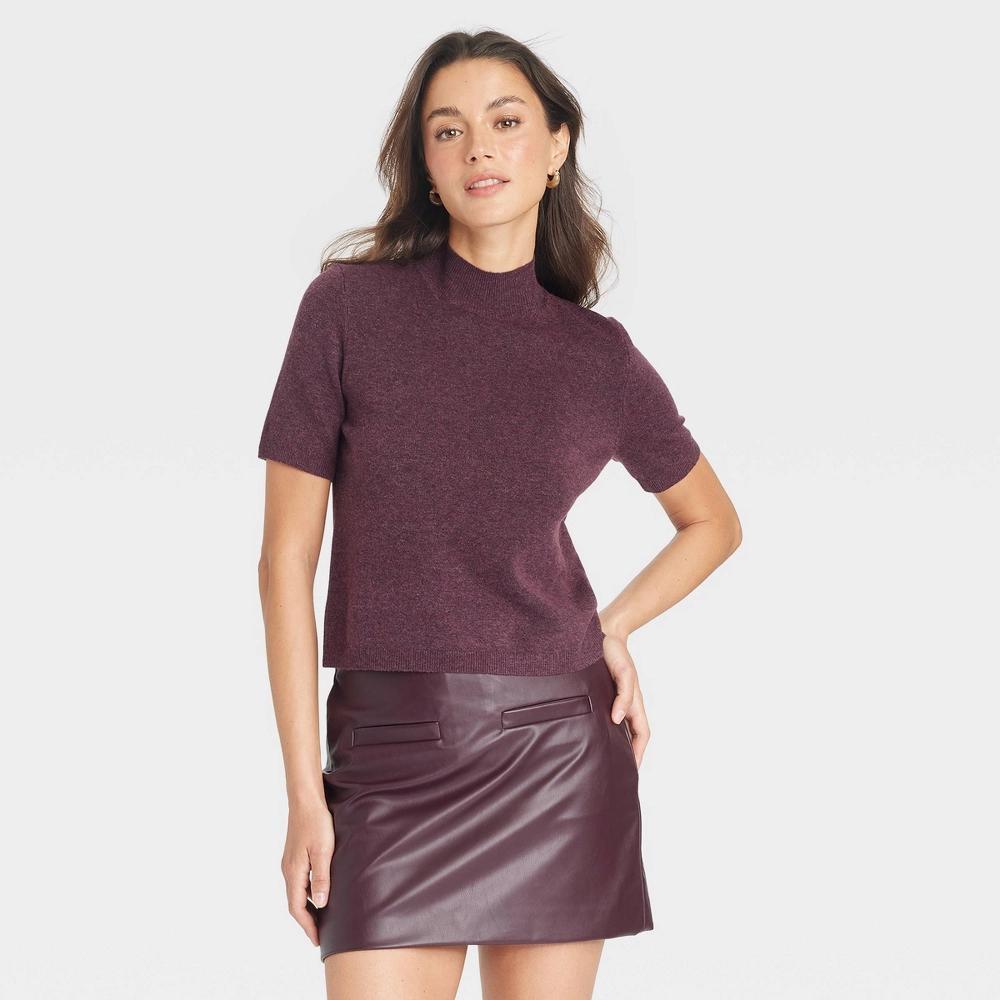 Womens Short Sleeve Mock Turtleneck Pullover Sweater - A New Day Burgundy L Product Image