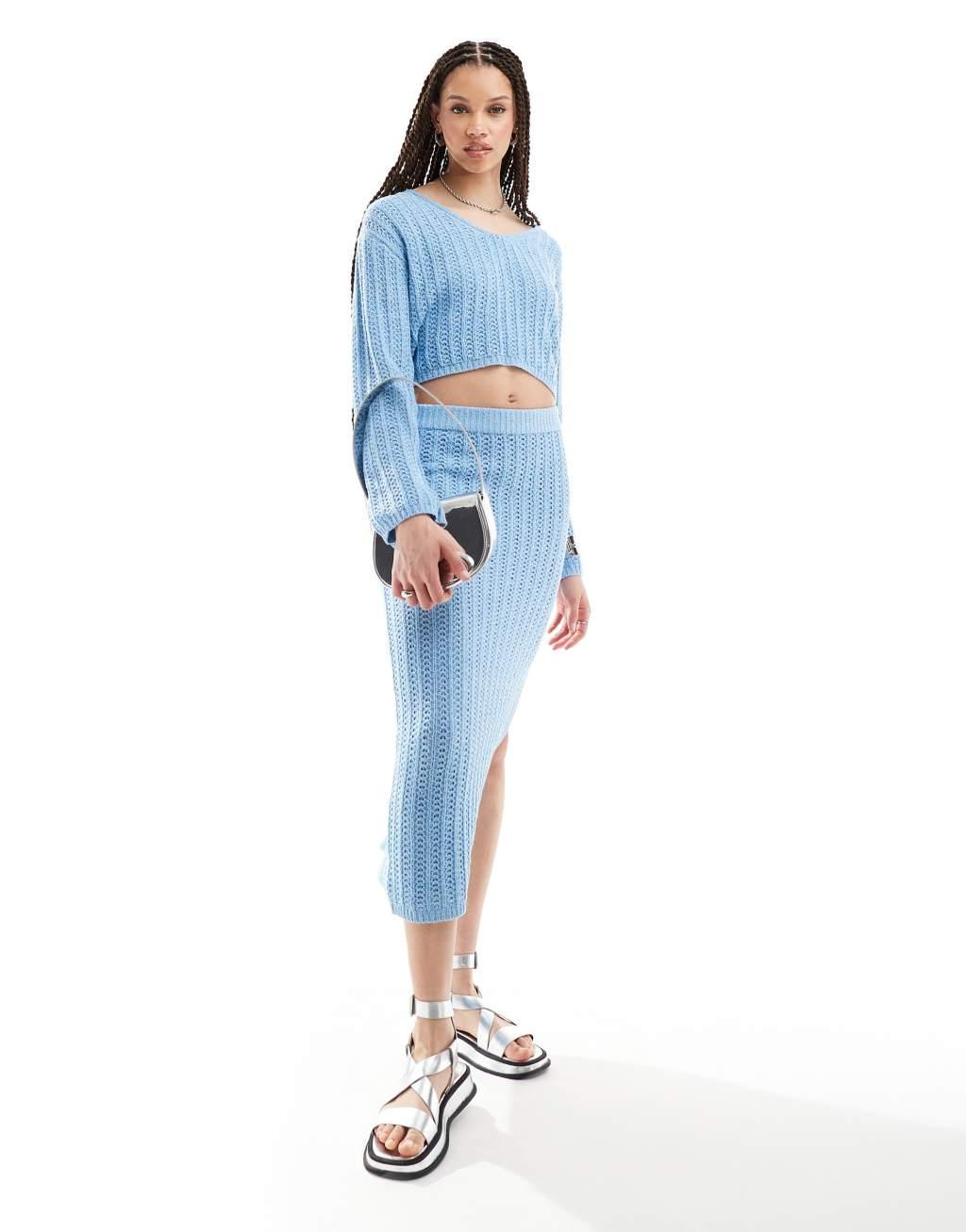 ASOS DESIGN Tall knit V-neck crop sweater in open stitch in blue - part of a set Product Image