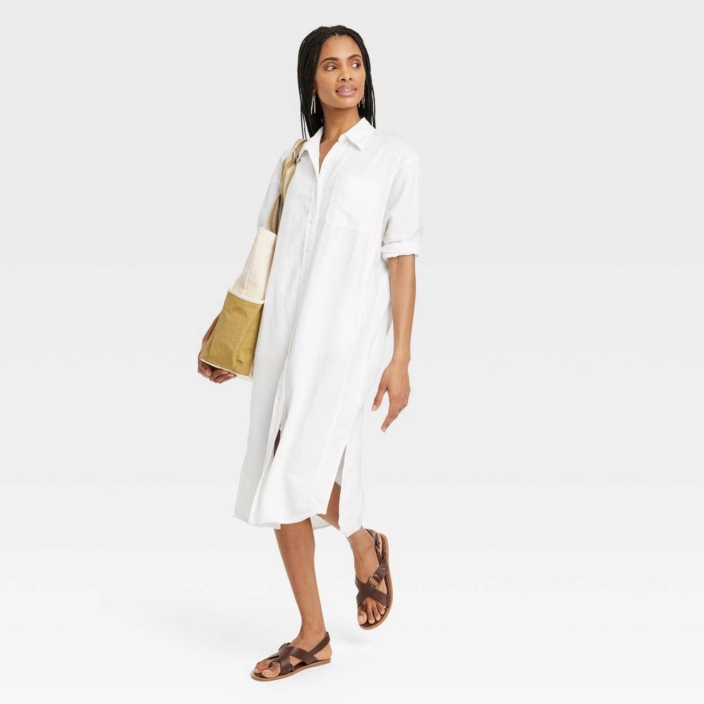 Womens 3/4 Sleeve Midi Shirtdress - Universal Thread White L Product Image