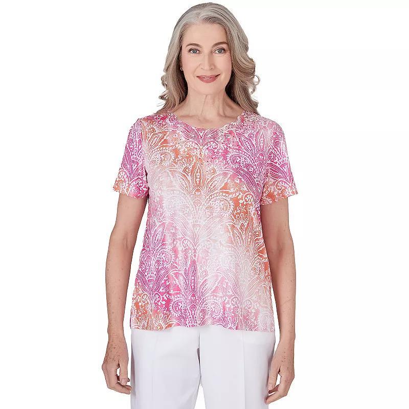 Petite Alfred Dunner Ombre Medallion Top with Lace Detail, Womens product image