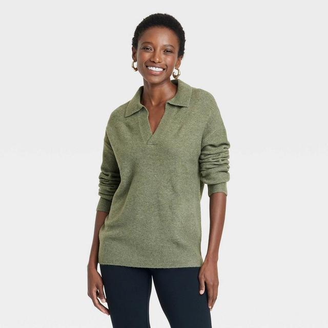 Women's Cozy Knit Polo Collar Pullover Sweater - A New Day™ Green XS Product Image