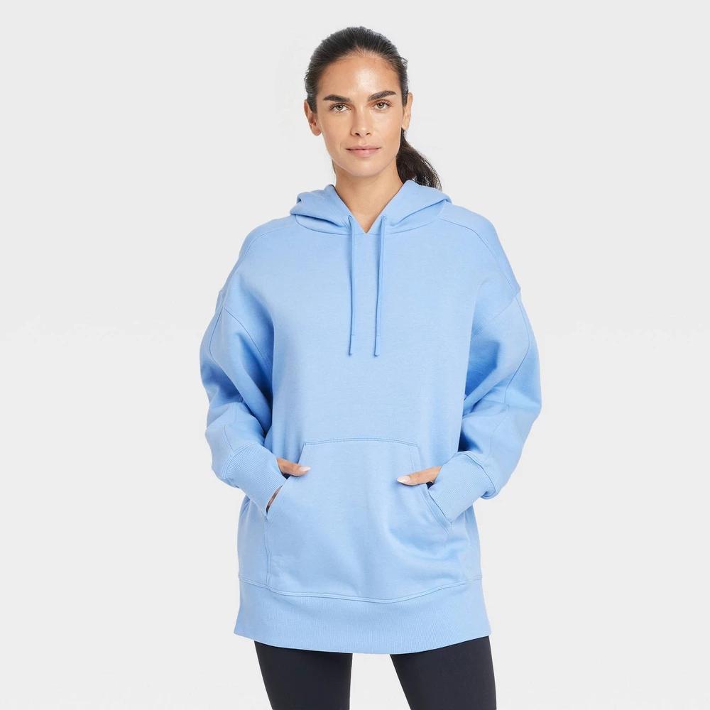 Womens Fleece Oversized Hooded Pullover Sweatshirt - JoyLab Light Blue M Product Image