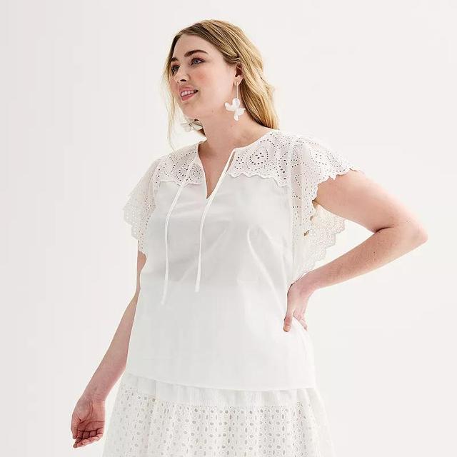 Plus Size Nine West Eyelet Flutter Sleeve Top, Womens Product Image