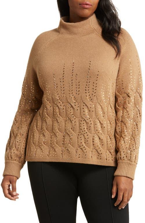 Marina Rinaldi Cable Crystal Embellished Wool Blend Mock Neck Sweater Product Image