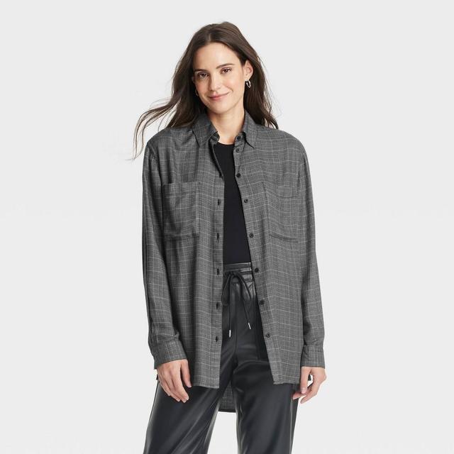 Womens Oversized Long Sleeve Flannel Button-Down Shirt - A New Day Black Plaid XS Product Image