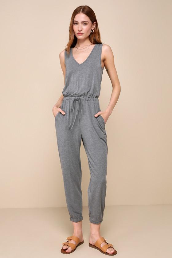 Positively Comfy Grey Sleeveless Drawstring Lounge Jumpsuit Product Image