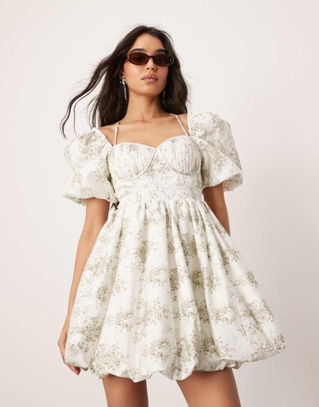 ASOS DESIGN bubble mini dress with pintuck corset bodice in bow floral print Product Image