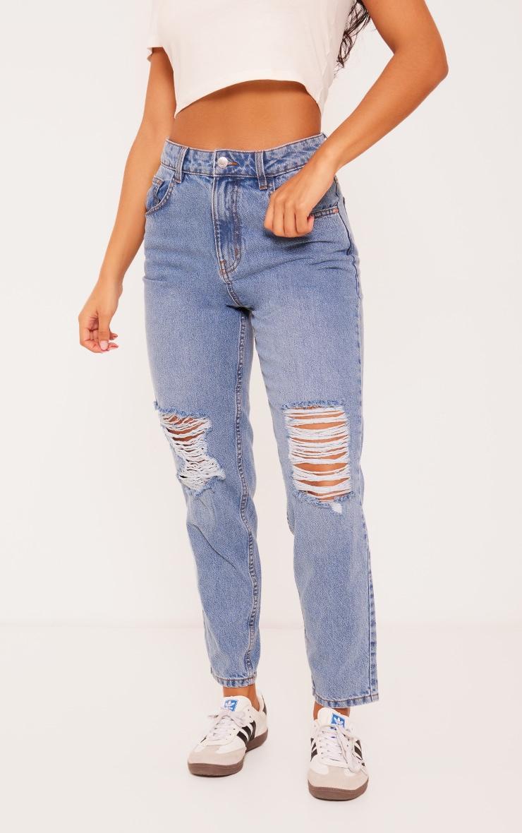 PRETTYLITTLETHING Mid Blue Wash Ripped Knee Mom Jeans Product Image