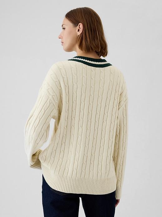 CashSoft Varsity Cable-Knit Sweater Product Image