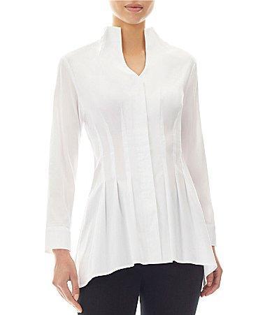 Ming Wang Stretch Cotton Mandarin Neck Pleat Front Details Long Sleeve Hi-Low Hem Button Product Image