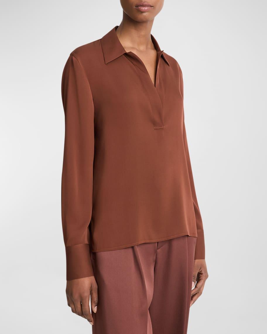 Long-Sleeve Silk Pullover Polo Top Product Image