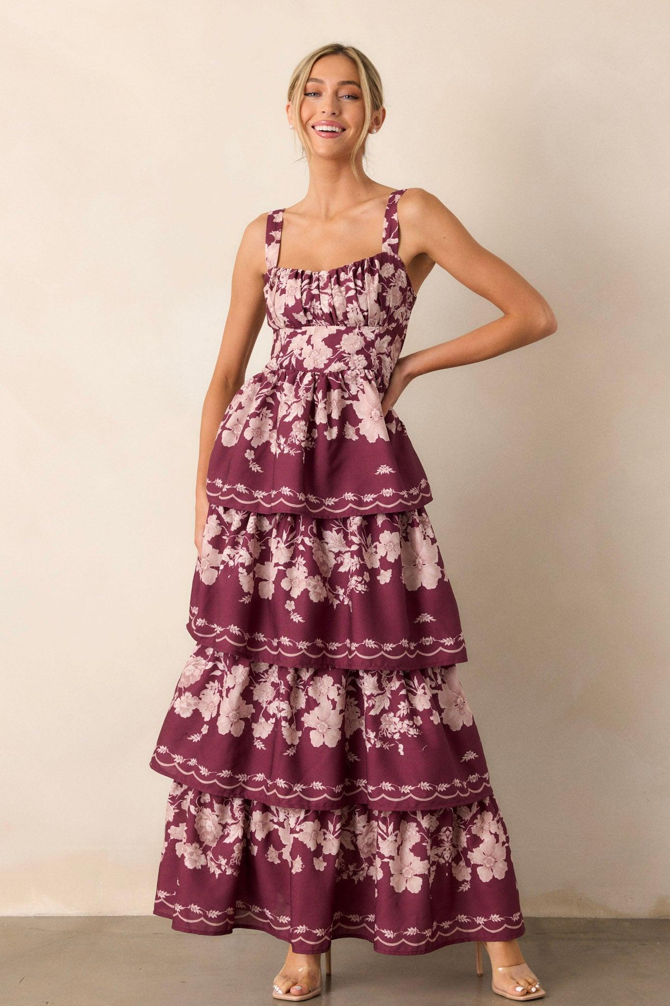 Sweet Reminiscence Wine Floral Tiered Maxi Dress Product Image