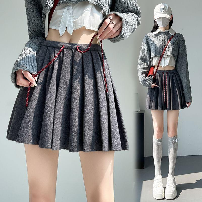 Drawstring Waist Pleated Mini A-Line Knit Skirt product image