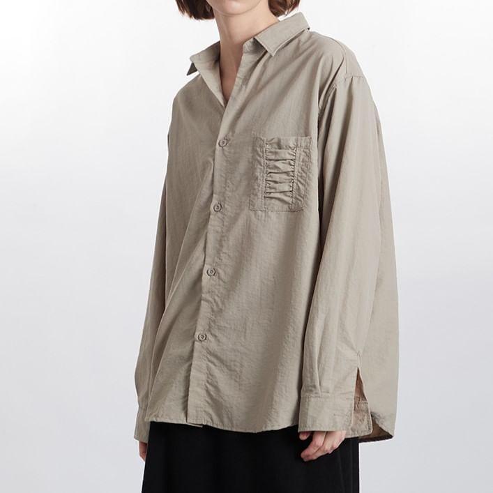 Long Sleeve Collared Plain Oversized Shirt Product Image