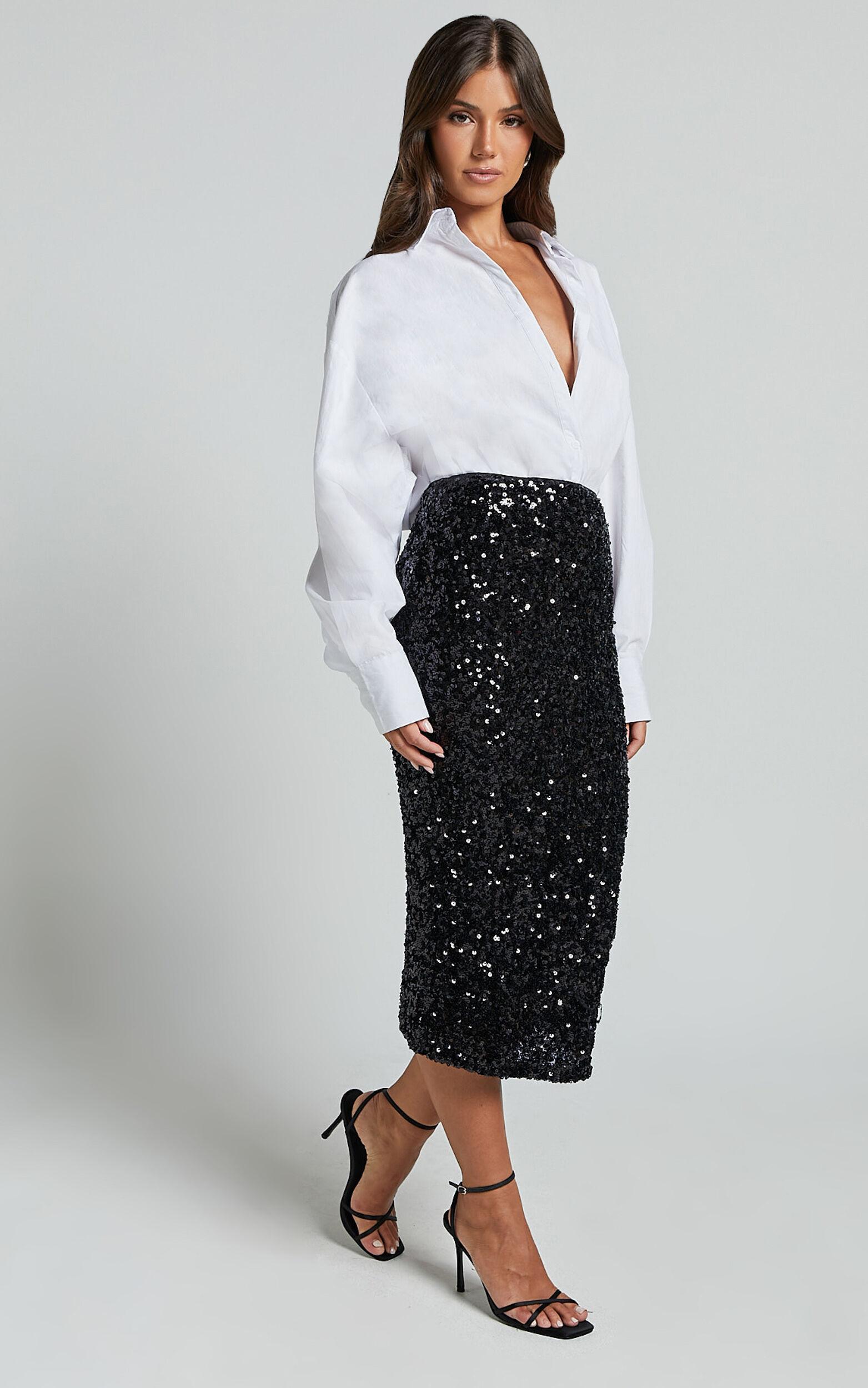 Hasley Midi Skirt - Sequin Bodycon Skirt in Black Product Image