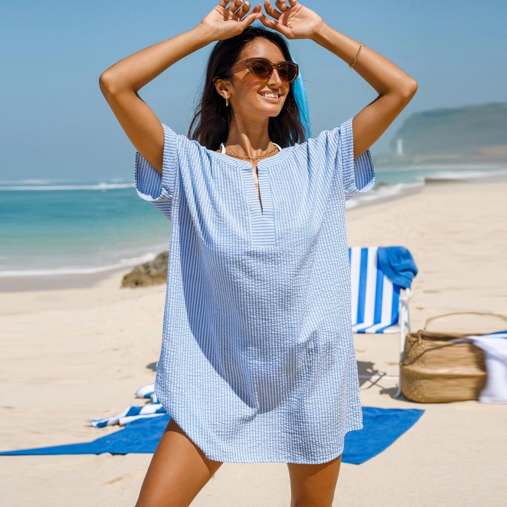 Women's Pinstriped Seersucker Cover-Up Dress - Cupshe-L-Blue Product Image