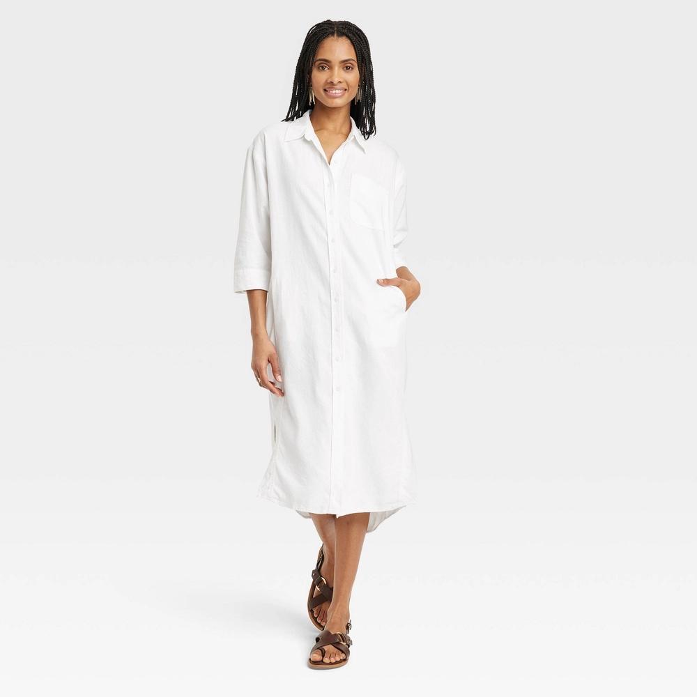 Womens 3/4 Sleeve Midi Shirtdress - Universal Thread White XL Product Image