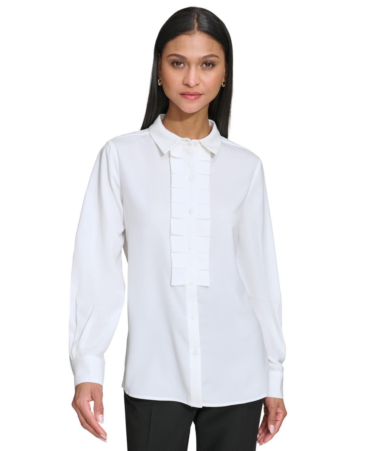 Karl Lagerfeld Womens Collared Pleat-Front Long-Sleeve Top Product Image