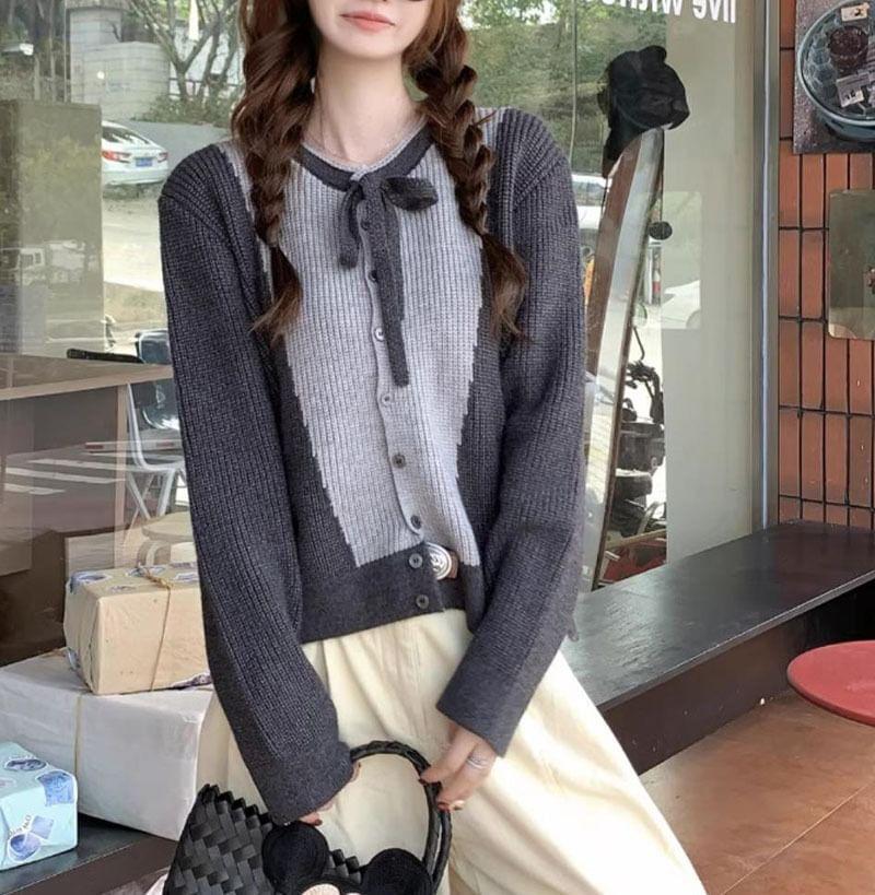 Crew Neck Two Tone Bow Accent Button-Up Cardigan Product Image