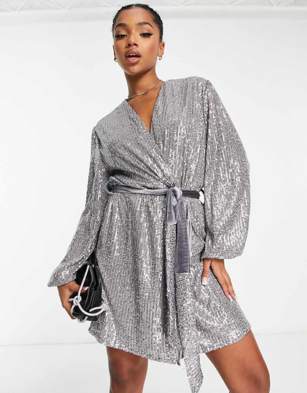 Style Cheat sequin wrap tie mini dress in silver Product Image