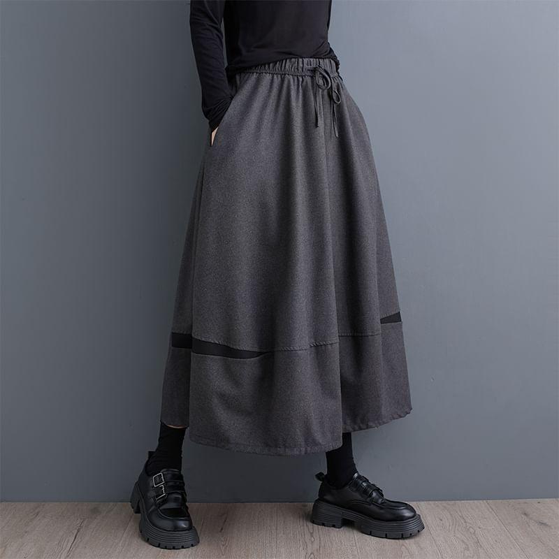 Drawstring Waist Two Tone Midi A-Line Skirt Product Image