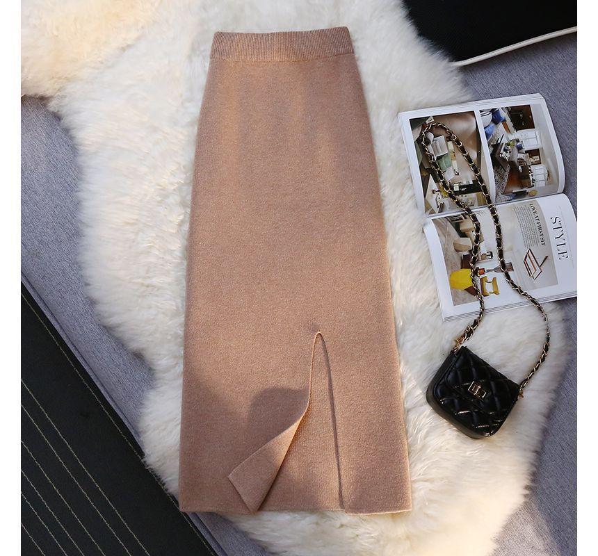 High Rise Slit Knit Midi Pencil Skirt Product Image