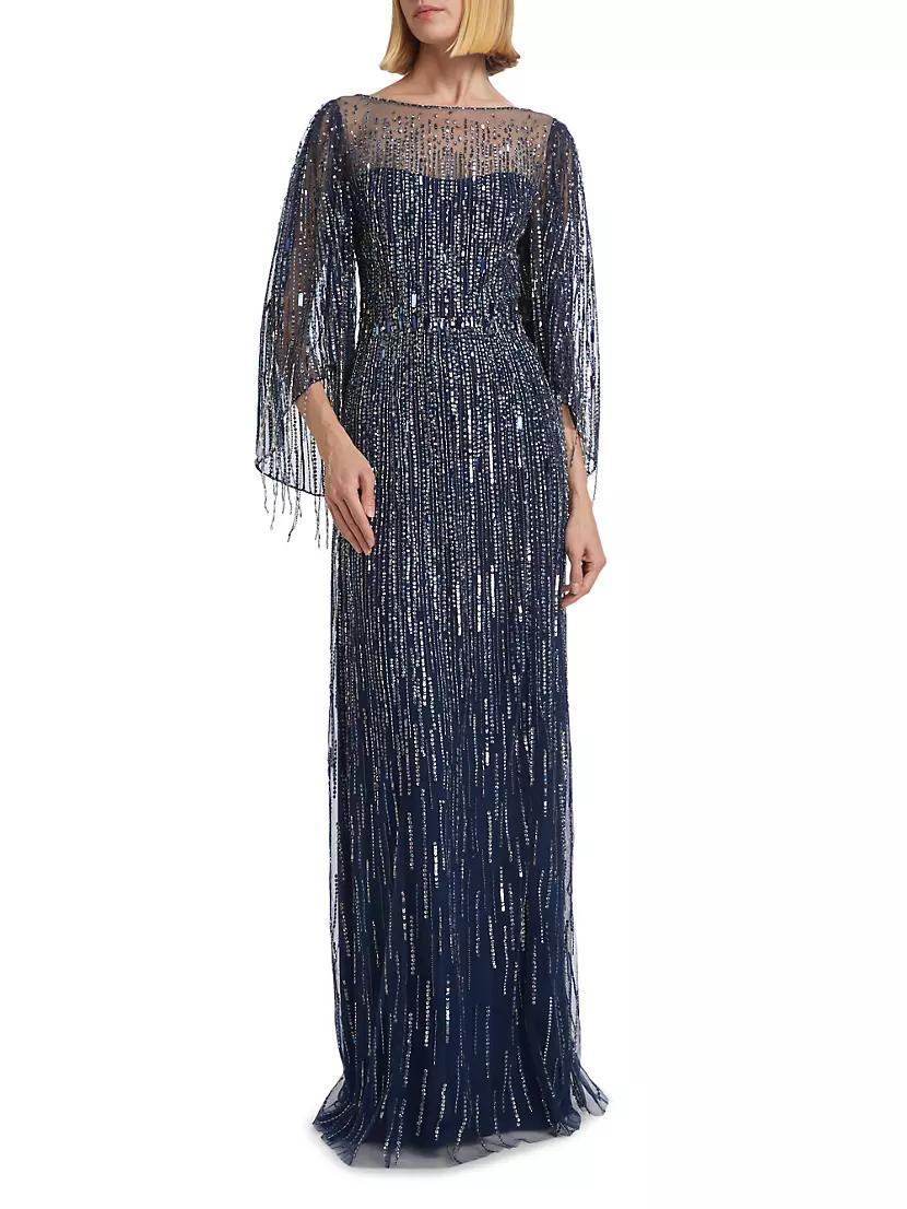 Rhapsody Beaded Cape-Sleeve Gown Product Image