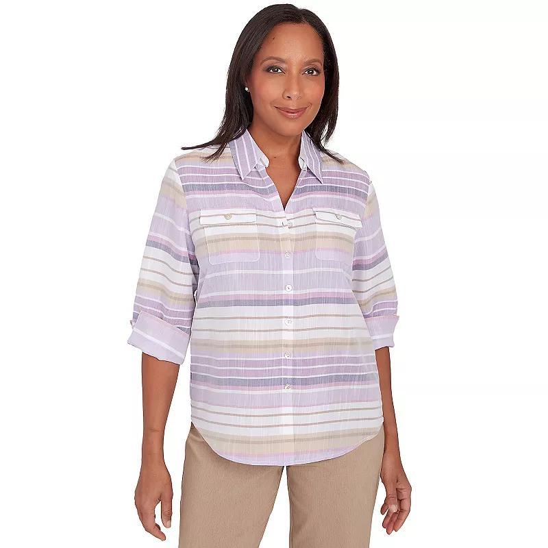 Alfred Dunner Charm School Womens Horizontal Stripe Button Down Top Product Image