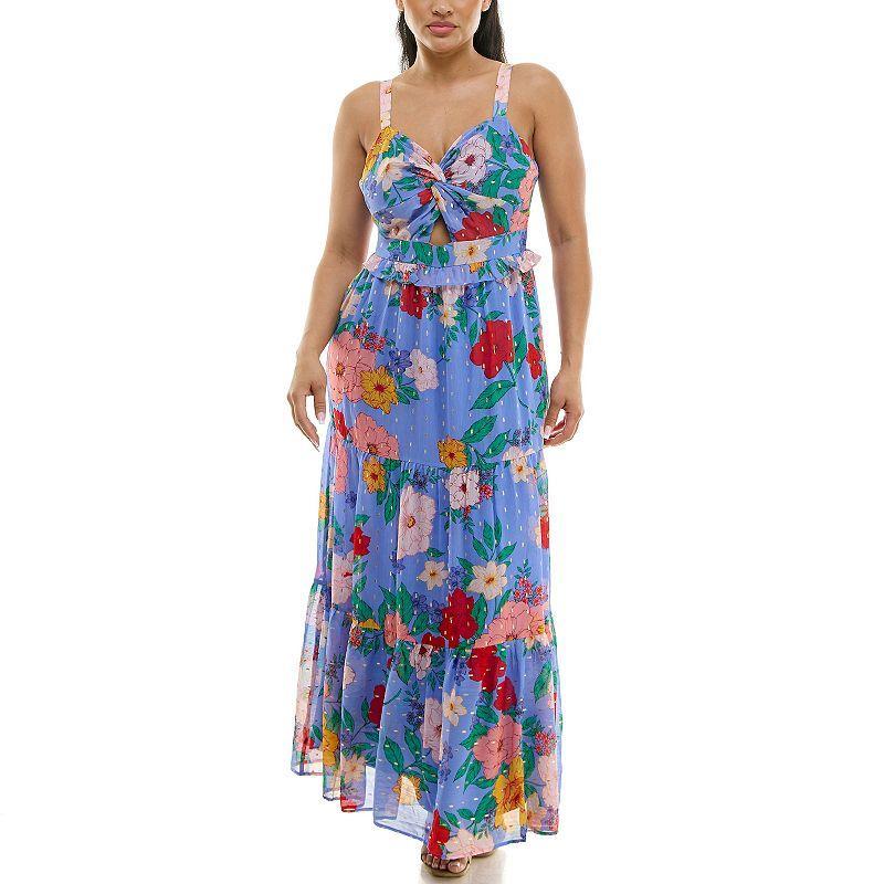 Womens Nina Leonard Tiered Floral Chiffon Dress Blue Product Image