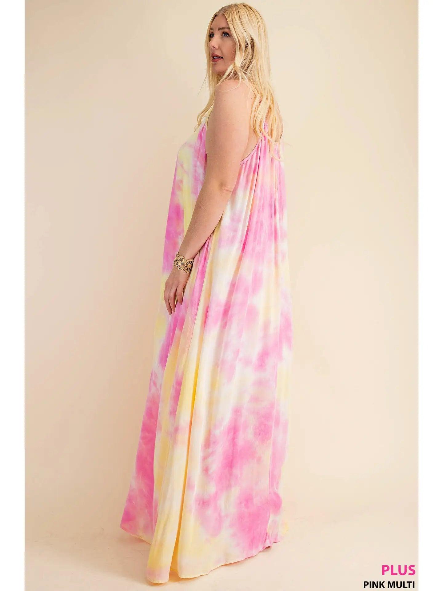 Pink and Yellow Soft Tie-Dye Fabrication Strappy Maxi Dress Product Image