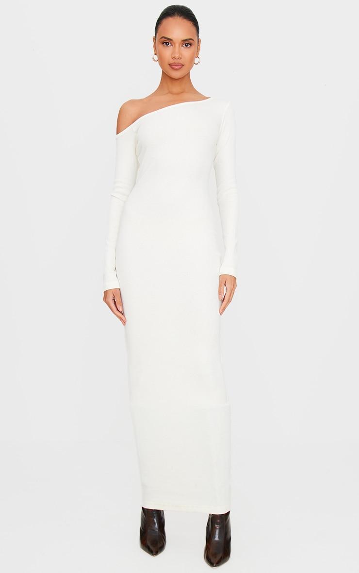  Cream Ribbed One Shoulder Long Sleeve Maxi Dress product image