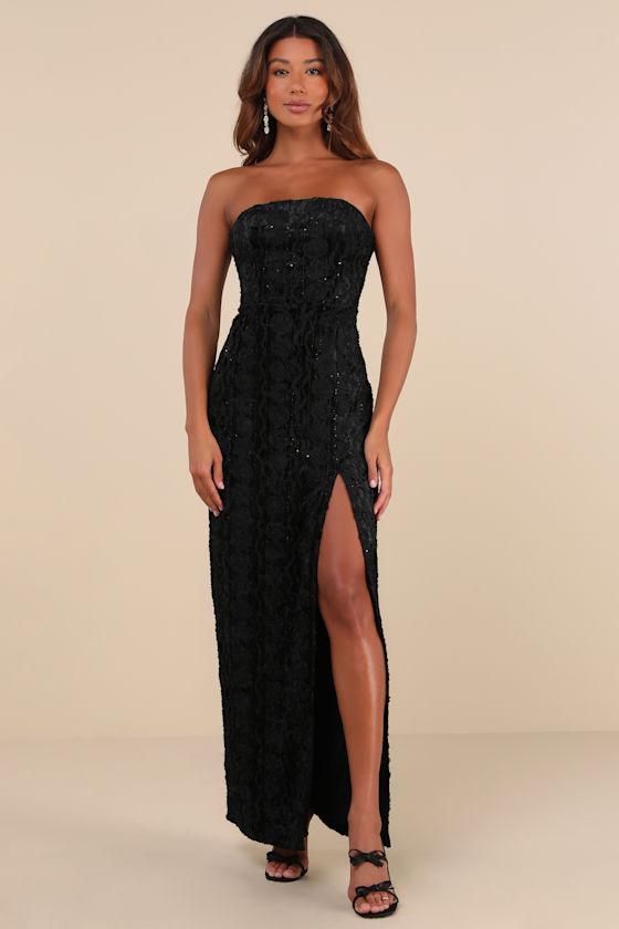 Chic Grace Black Velvet Floral Applique Strapless Maxi Dress Product Image