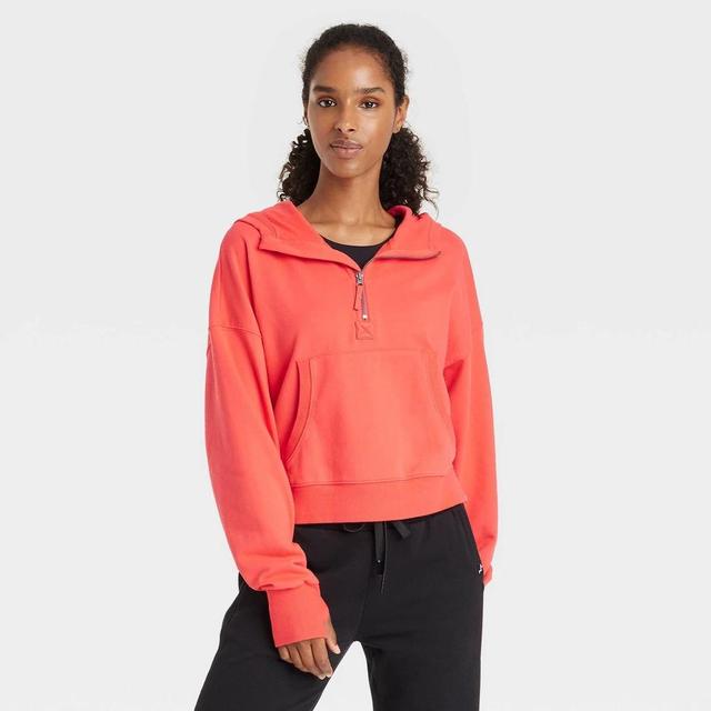 Womens French Terry 1/2 Zip Hooded Pullover Sweatshirt - JoyLab Coral Red XS Product Image