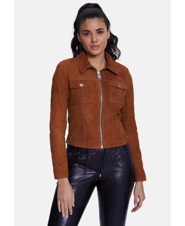 Furniq Uk Womens Denim Style Zipper Suede Jacket Whiskey Product Image