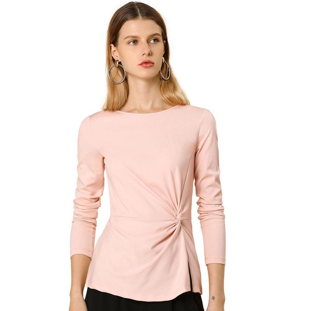 Allegra K Women's Comfort Round Neck Twist Front Long Sleeve Blouse Basic Top Product Image