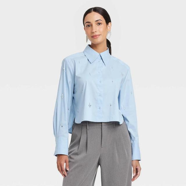 Womens Long Sleeve Embellished Collared Button-Down Shirt - A New Day Blue Product Image