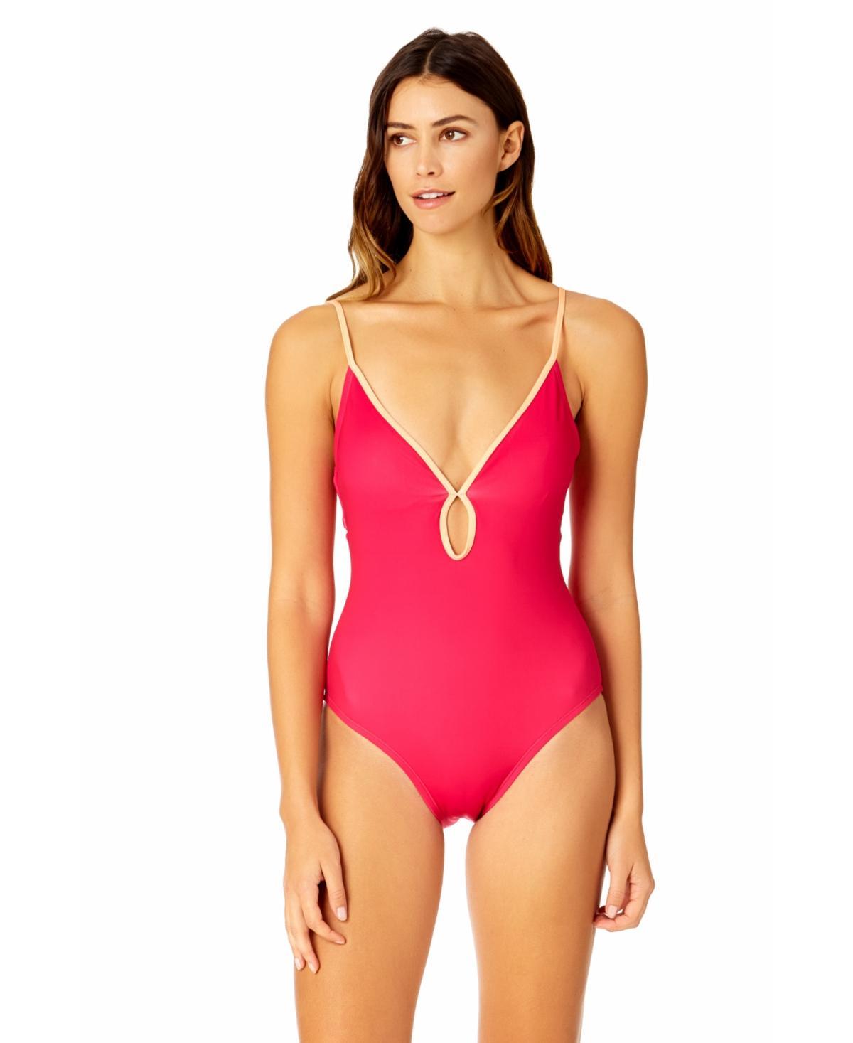 Womens Solid Piped Keyhole One Piece Swimsuit Product Image