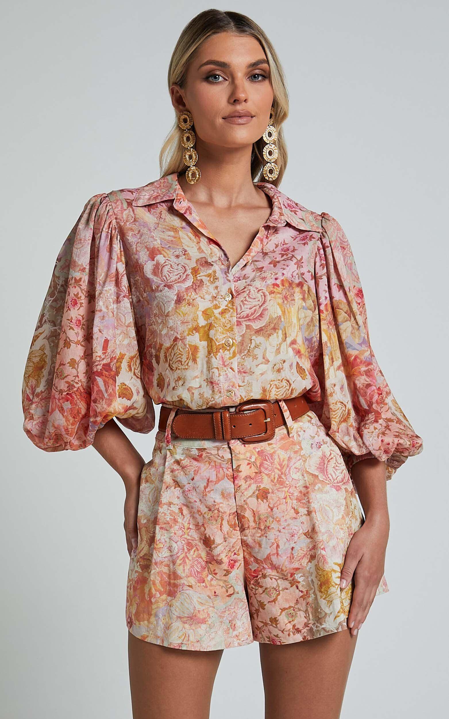 Amalie The Label - Noemie Linen Blend High Waisted Belted Tailored Shorts in Morocco Print Product Image