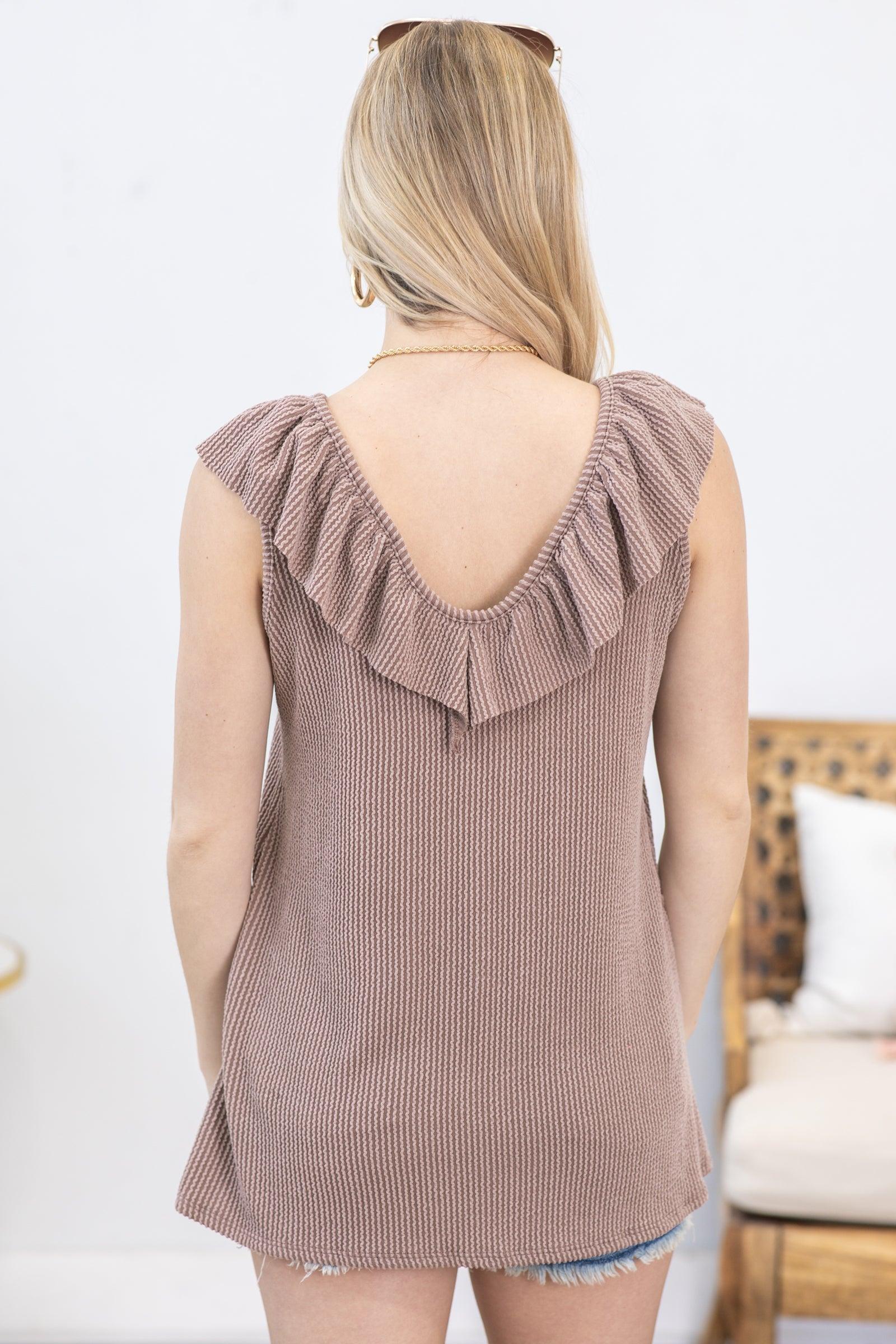 Light Mocha Ruffled V-Neck Ribbed Knit Tank Product Image