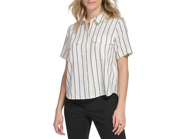 Calvin Klein Short Sleeve Button Front (White Combo) Women's Clothing Product Image