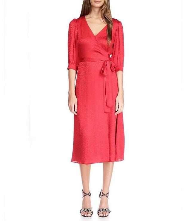 MICHAEL Michael Kors Subtle Cheetah Print 3/4 Sleeve Surplice V-Neck Wrapped Midi Dress Product Image