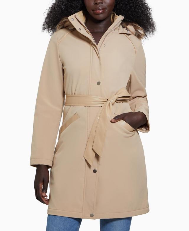 Guess Womens Faux-Fur-Trim Hooded Belted Raincoat Product Image