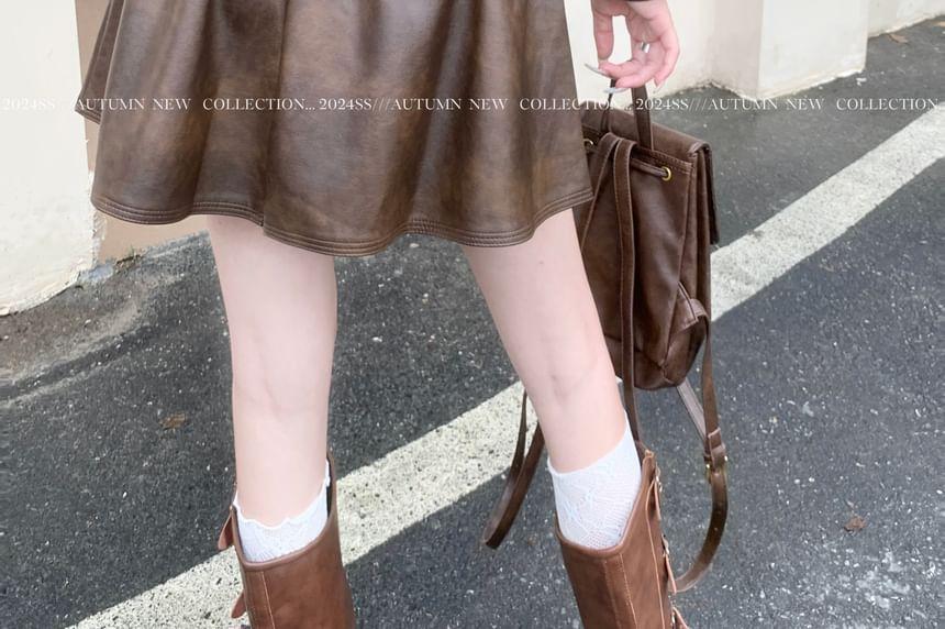 High Rise Plain Faux Leather Mini A-Line Skirt Product Image