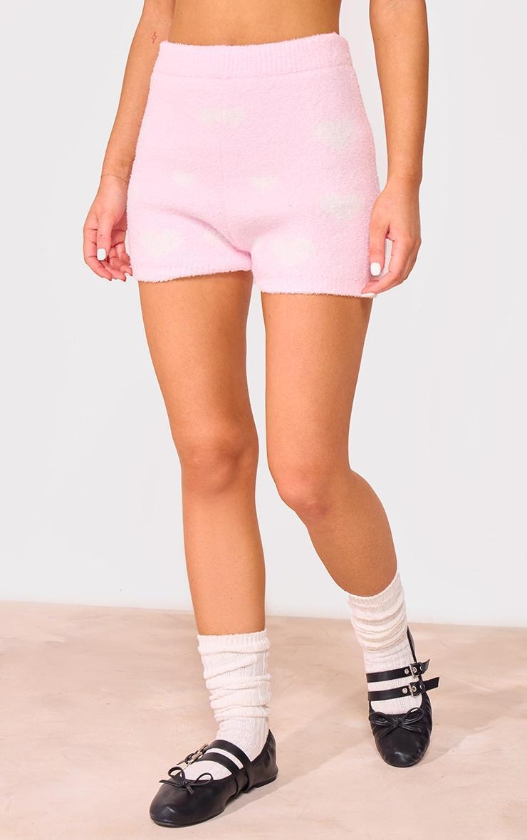 Pink Heart Detail Fluffy Knit Shorts Product Image