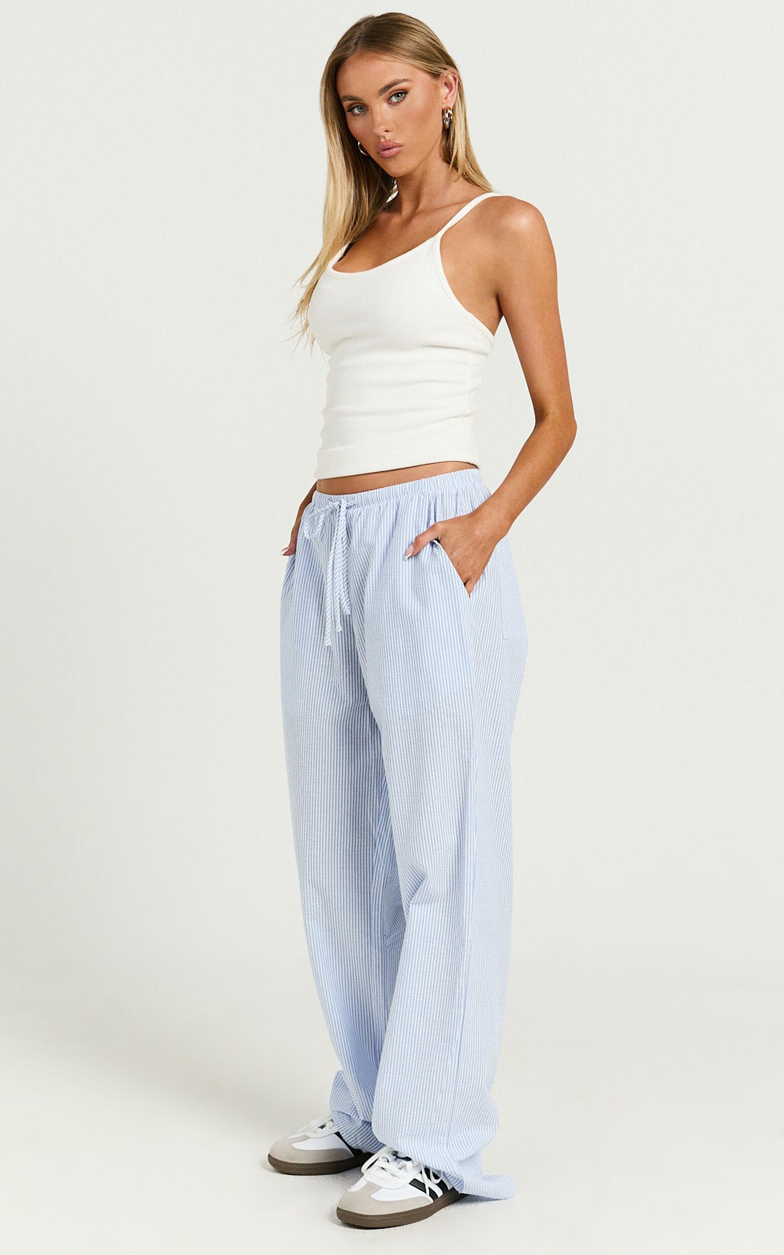 Harlo Pants - Mid Waisted Relaxed Leg Stripe Pants in Blue/ White Product Image